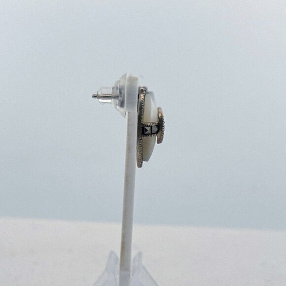 Estate Sterling Silver 925 Oval Marcasite Mother of Pearl EZ Back Stud Earrings - Picture 2 of 8